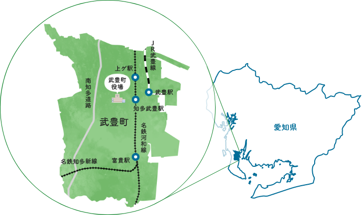 武豊町は、愛知県南部、知多半島の中央部に位置しており、JR武豊線、名鉄河和線、名鉄知多新線、南知多道路が走っている。